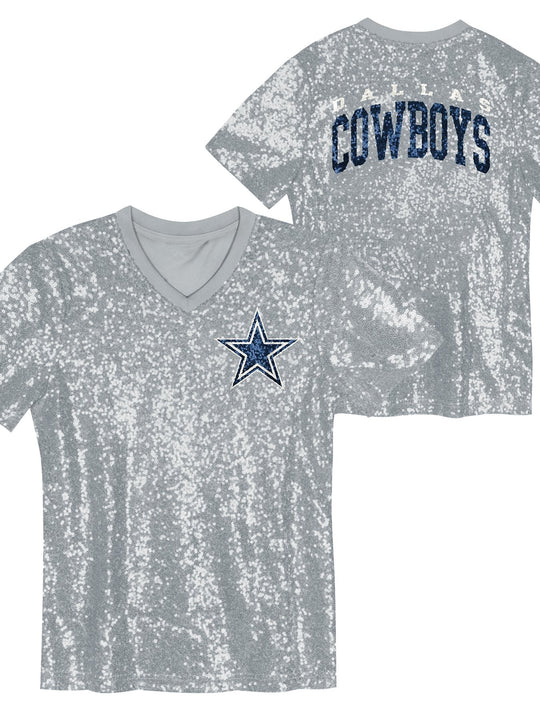 Playera Dallas Cowboys Mujer Sequin V-Neck Brillante Plateado
