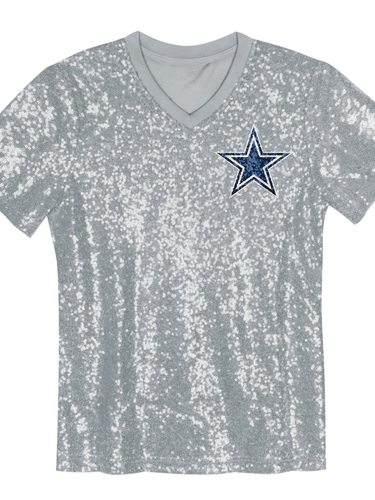 Playera Dallas Cowboys Mujer Sequin V-Neck Brillante Plateado