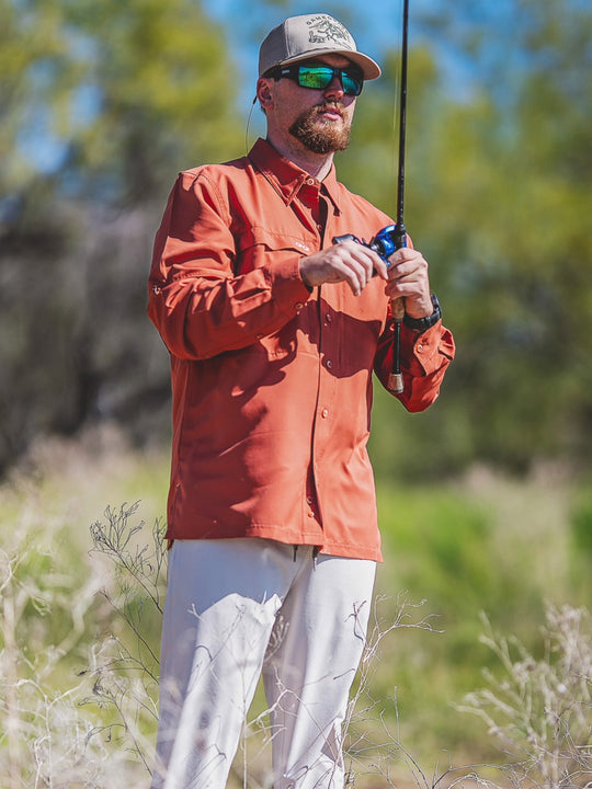 Copper Explorer Shirt | Long Sleeve-GameGuard - man fishing out in the woods 