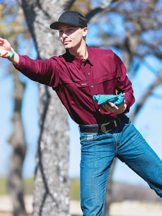 Maroon Explorer Shirt | Long Sleeve-GameGuard - man hanging out with friends outdoor with sun protection enjoying corn hole