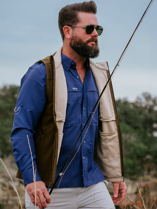 Indigo Explorer Shirt | Long Sleeve-GameGuard - man walking wearing blue shirt to go fishing in the outdoors