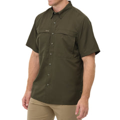 Man wearing Agave green GameGuard Original short sleeve shirt with mesh vents and chest pocketsbrugged, breathable, and great for hunting.