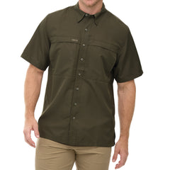 Man wearing Agave green GameGuard Original short sleeve shirt with mesh vents and chest pocketsbrugged, breathable, and great for hunting.