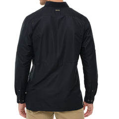 Man wearing Caviar black GameGuard Original long sleeve shirt with mesh vents, roll-up sleeves, GG logos, and a utility loop; built for sun protection and versatility.