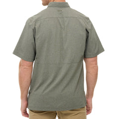 Agave MicroTek Shirt shown in a soft blue-green tone with matching buttons and tonal embroidered GG logo. Features include a vented back yoke, short sleeves, hidden zippered chest pockets, and a button-down collar. 